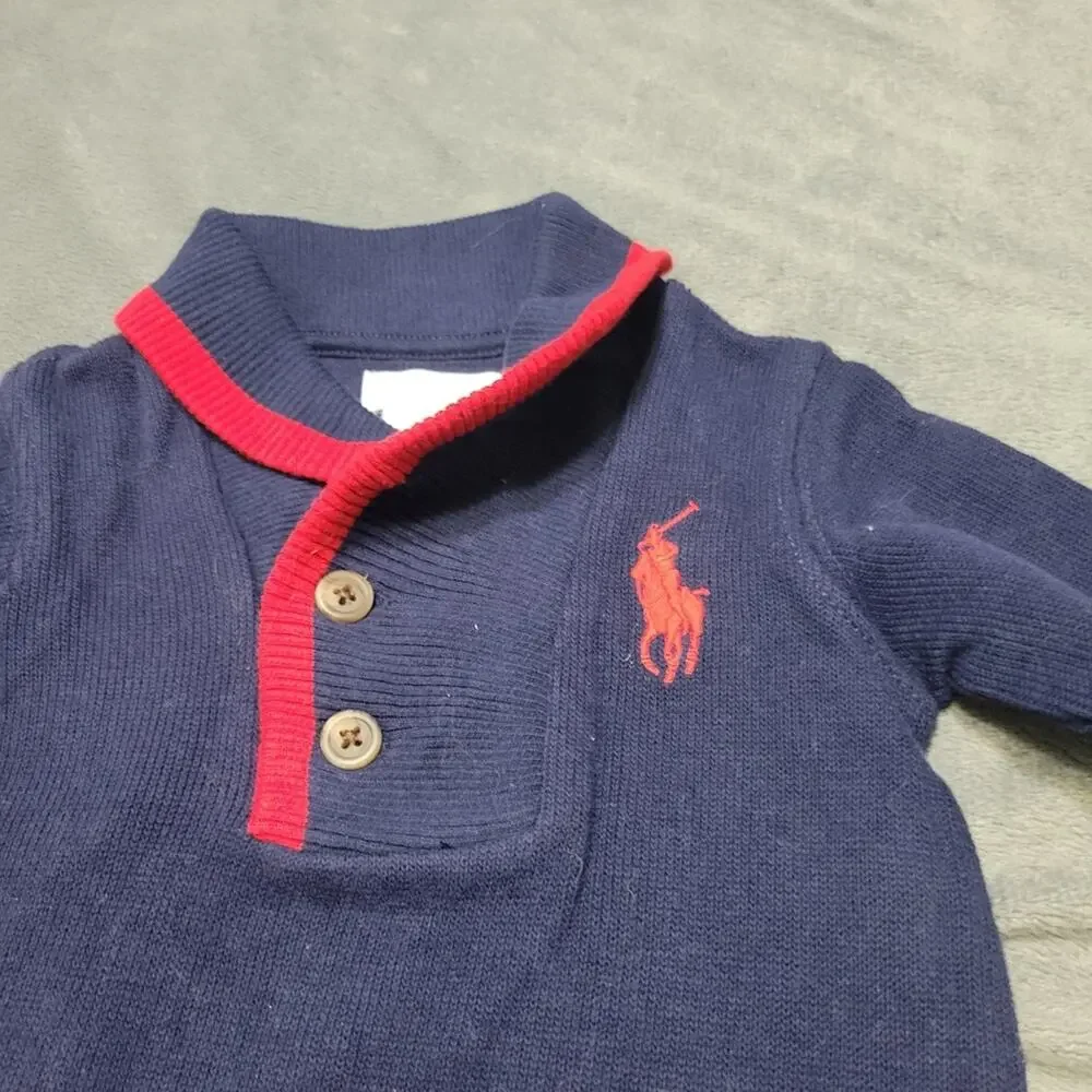 Ralph Lauren Polo Romper Boys 3 Month Navy Embroidered Logo‎ Red Collared Footed